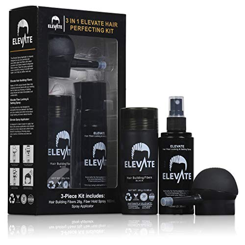 ELEVATE Hair Perfecting 3-in-1 Kit Set Includes Natural Hair Thickening Fibers & Spray Applicator Pump Nozzle & Locking Setting Hold Hair Spray | Instantly Conceal Thinning Balding Hair Areas (Black)