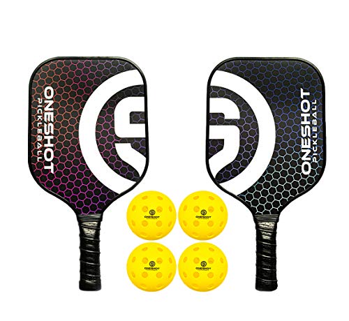 OneShot Pickleball Paddle Set | 2 Player Pack with Pickleballs and Paddle Bag | Polymer Honeycomb Core, Fiberglass Face | Lightweight