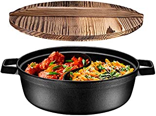 Pre-Seasoned 2-In-1 Cast Iron Shabu Shabu Hot Pot with Wooden Lid  Heavy Duty 3 Quart Dutch Oven Skillet and Lid Set