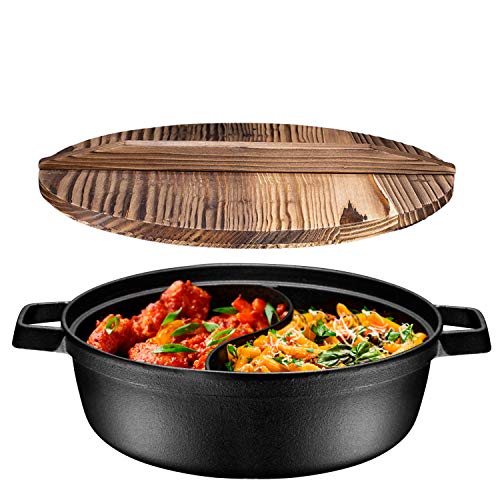 Pre-Seasoned 2-In-1 Cast Iron Shabu Shabu Hot Pot with Wooden Lid  Heavy Duty 3 Quart Dutch Oven Skillet and Lid Set