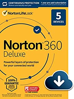 Norton 360 Deluxe 2021  Antivirus software for 5 Devices with Auto Renewal - Includes VPN, PC Cloud Backup & Dark Web Monitoring powered by LifeLock [Download]