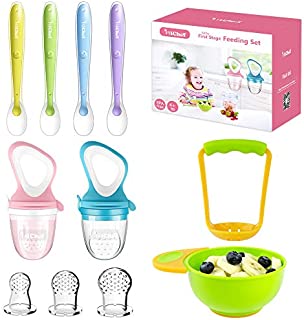 Food Feeder Baby Fresh Fruit Feeder (2 Pack) with 3 Different Sized Silicone Pacifiers, Mash and Serve Bowl with 4 Soft-Tip Silicone Baby Spoons, Perfect Baby First Stage Feeding Set by MICHEF