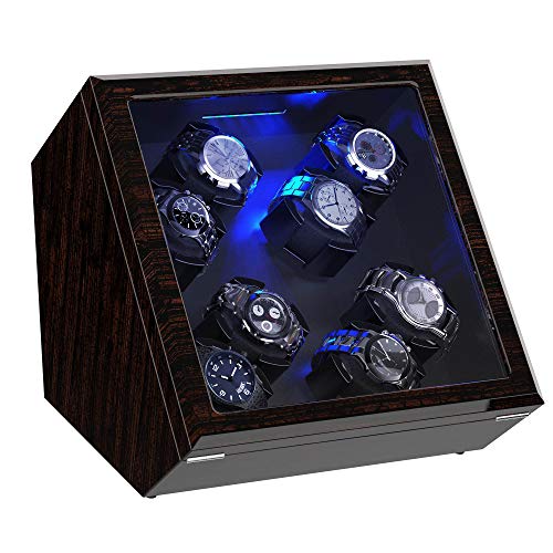 Watch Winder, [Newly Upgraded] Piano Finish Carbon Fiber Exterior and Soft Flexible Watch Pillows Automatic Watch Winder Box, 8 Winding Spaces with Built-in Illumination (Pine Bark Pattern)