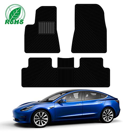 TACHICO Tesla Model 3 Floor Mats Set, 2017 2018 2019 2020All Weather Nonslip Waterproof Heavy Duty Black Rubber Environmental Materials Car Carpet Compatible (3 Pcs) (Black)