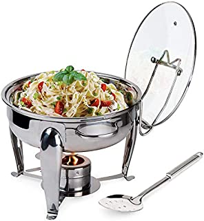 4 Quart Round Stainless Steel Chafing Dish with Bonus Slotted Spoon and Drip Tray for Lid