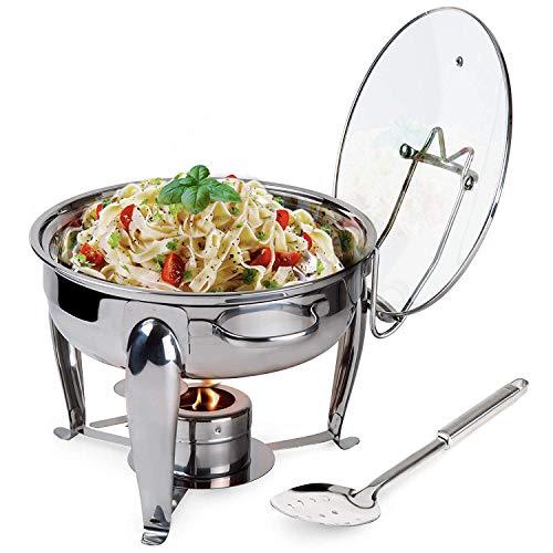 4 Quart Round Stainless Steel Chafing Dish with Bonus Slotted Spoon and Drip Tray for Lid