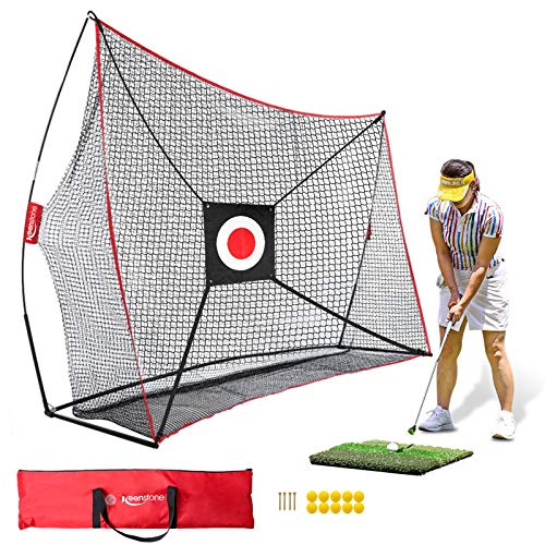 Keenstone 10x7ft Golf Net Bundle Golf Practice Net for Indoor and Outdoor Backyard Hitting Driving and Chipping Practice with Tri Turf Hitting Mat, Target and Carry Bag