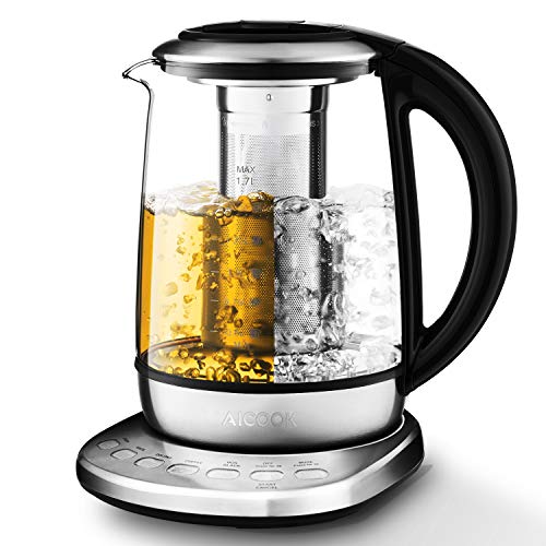 Aicook 2020 New Model Electric Kettle 1.7L Glass Tea Kettle with 5 Variable Presets, One Touch Tea Maker, 100% Stainless Steel Inner Lid, Tea Infuser & Bottom, Auto Shut off & Boil Dry Protection, BPA free