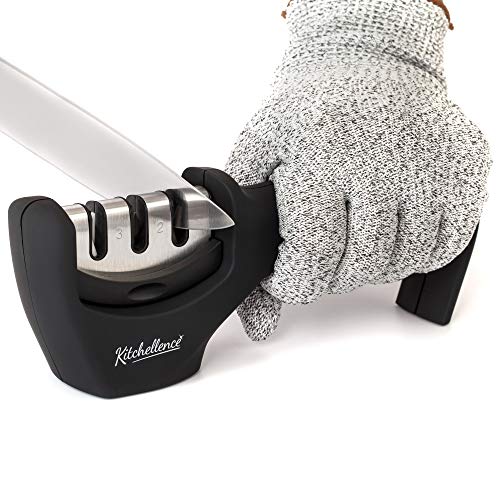 Kitchen Knife Sharpener - 3-Stage Knife Accessory Sharpening Tool Helps Repair, Restore and Polish Blades - Cut-Resistant Glove Included