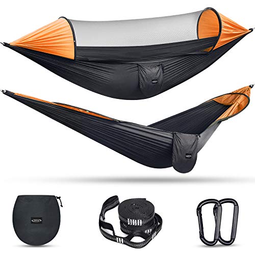 G4Free Large Camping Hammock with Mosquito Net 2 Person Pop-up Parachute Lightweight Hanging Hammocks Tree Straps Swing Hammock Bed for Outdoor Backpacking Backyard Hiking (Black/Orange)