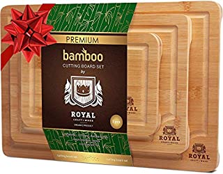 Organic Bamboo Cutting Board with Juice Groove (3-Piece Set) - Best Kitchen Chopping Board for Meat (Butcher Block) Cheese and Vegetables | Anti Microbial Heavy Duty Serving Tray w/Handles