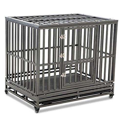 LUCKUP Heavy Duty Dog Cage Strong Metal Kennel and Crate for Medium and Large Dogs, Pet Playpen with Four Wheels,Easy to Install,42 inch,Black