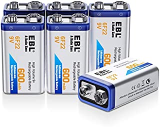 EBL 9 Volt 600mAh Li-ion Rechargeable 9V Batteries Lithium-ion, 6 Pack