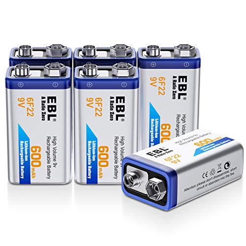 EBL 9 Volt 600mAh Li-ion Rechargeable 9V Batteries Lithium-ion, 6 Pack