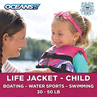 New & Improved Oceans7 US Coast Guard Approved, Child Life Jacket, Flex-Form Chest, Open-Sided Design, Type III Vest, PFD, Personal Flotation Device, Pink/Berry