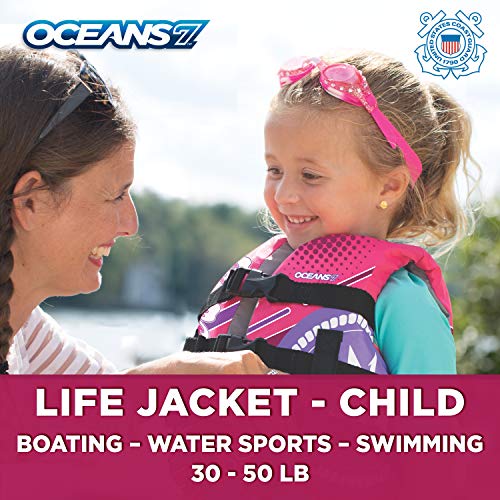 New & Improved Oceans7 US Coast Guard Approved, Child Life Jacket, Flex-Form Chest, Open-Sided Design, Type III Vest, PFD, Personal Flotation Device, Pink/Berry