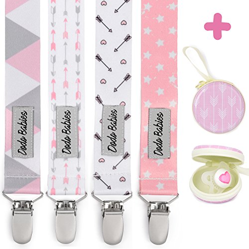 Pacifier Clip by Dodo Babies Pack of 4 + Pacifier Case, Premium Quality for Girls Modern Designs Universal Holder Leash for Pacifiers, Teething Toy or Soothie, Baby Shower Gift Set