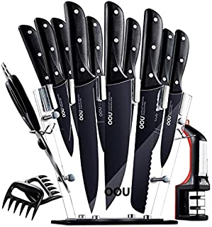 Knife Set, 15pcs Professional Kitchen Knives, Forged Full Tang Chef Knife Set, High Carbon Stainless Steel with Sturdy Triple Rivets, BO Anti-rusting, Ultra Sharp & Durable, Black Chef Series by OOU