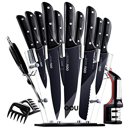 Knife Set, 15pcs Professional Kitchen Knives, Forged Full Tang Chef Knife Set, High Carbon Stainless Steel with Sturdy Triple Rivets, BO Anti-rusting, Ultra Sharp & Durable, Black Chef Series by OOU