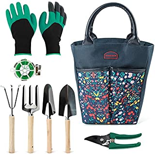 Good GAIN Garden Tools Set, 9 Piece Gardening Organizer Kit with Storage Tote Bag, Heavy Duty Planting Tools, Digger Gloves, Binding Wire and Pruner, Great Gift for Women & Men Mothers' Day. Blue