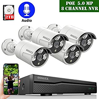 2020 Update POE Security Camera System,OOSSXX 8CH 4K POE System,4pcs 5MP Outdoor Wired POE IP67 Waterproof Cameras with One-Way Audio,2TB Hard Drive pre-Install