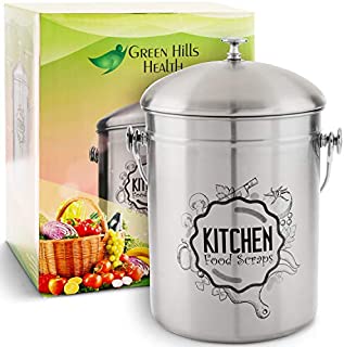 Kitchen Compost Bin Stainless Steel (Food Grade 410) Odorless Countertop Compost Pail -Bonus Charcoal Filters & Gardening Gloves. Insect-proof 1.3 Gallon bucket. Gift Boxed Best Gifts for Gardeners