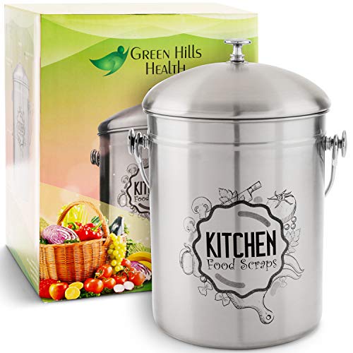 Kitchen Compost Bin Stainless Steel (Food Grade 410) Odorless Countertop Compost Pail -Bonus Charcoal Filters & Gardening Gloves. Insect-proof 1.3 Gallon bucket. Gift Boxed Best Gifts for Gardeners