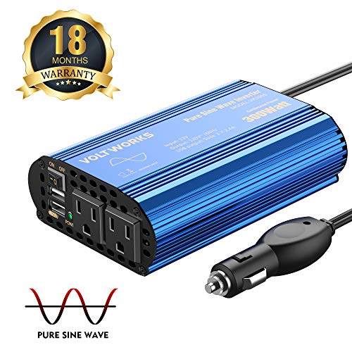 300W Pure Sine Wave Power Inverter for Car Truck RV Adapter DC 12V to AC 110V 120V with Dual 4.8A USB Port & AC Outlets by VOLTWORKS