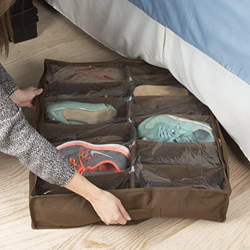 Under Bed Storage Shoe Organizer Bag with Clear Plastic Zippered Cover, Stores 12 Pairs of Shoes by Everyday Home (Brown)