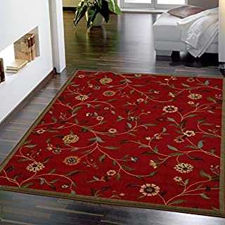 Ottomanson Ottohome Collection Floral Garden Design Modern Area Rug with Non-Skid (Non-Slip) Rubber Backing, Dark Red, 39