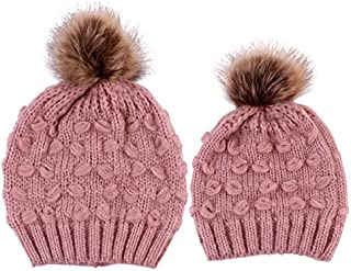 2PCS Parent-Child Hat, Mother Child Daughter Son Baby Winter Warm Soft Knit Hat Family Crochet Beanie Ski Cap with Pom Pom Pink