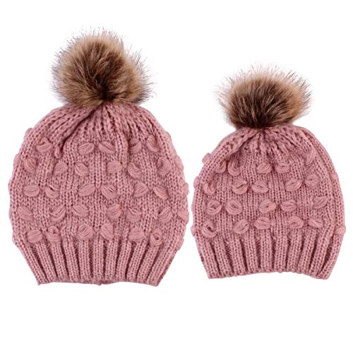 2PCS Parent-Child Hat, Mother Child Daughter Son Baby Winter Warm Soft Knit Hat Family Crochet Beanie Ski Cap with Pom Pom Pink