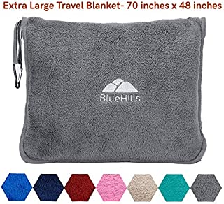 BlueHills Premium Soft Long Travel Blanket Pillow for Tall Airplane Flight Blanket Throw in Soft Bag case with Hand Luggage Belt & Backpack Clip Compact Pack Large Blanket Grey Gray T052