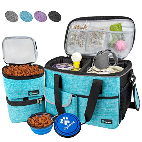 PetAmi Dog Travel Bag | Airline Approved Tote Organizer with Multi-Function Pockets, Food Container Bag and Collapsible Bowl | Perfect Weekend Pet Travel Set for Dog, Cat (Sea Blue, Small)