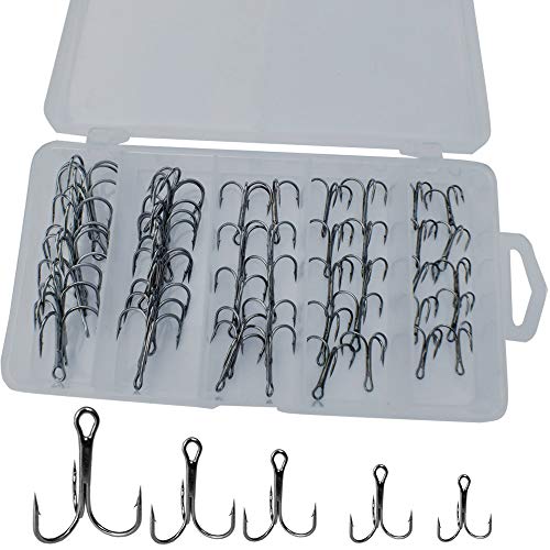 Drasry Fishing Treble Hooks Set for Saltwater Freshwater Size 1/0 to 16 High Carbon Steel Different Fish Hook 50pcs/Box (50pcs Black 6#--1/0#)