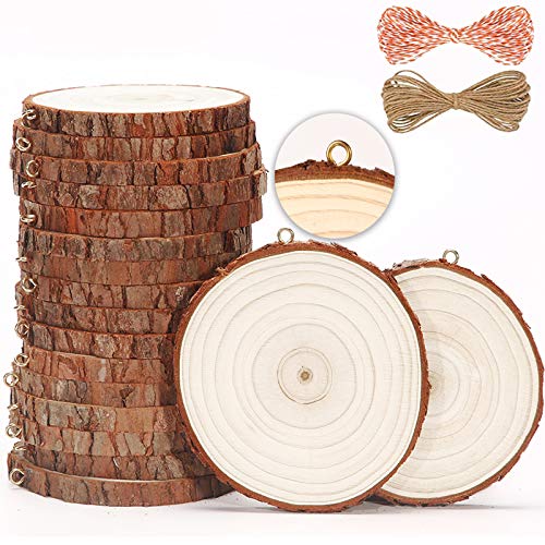 [2020 New] SENMUT Craft Unfinished Natural Wood Slices Christmas Ornament 20 Pcs 3.5-4 Inches Wooden Circles for Arts and DIY Crafts Wood Burning Kit Pre-Installed Tree Slices with Small Eye Screws