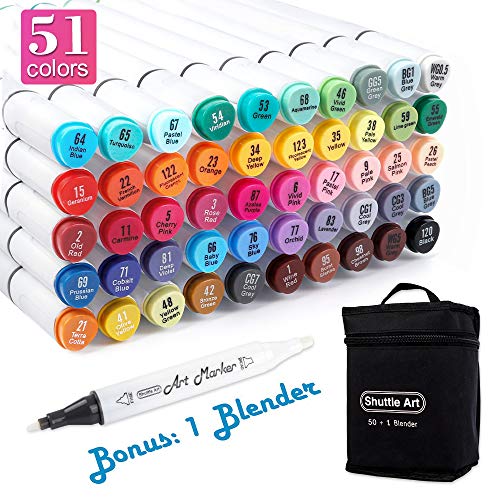 Shuttle Art 51 Colors Dual Tip Alcohol Based Art Markers, 50 Colors plus 1 Blender Permanent Marker Pens Highlighters with Case Perfect for Illustration Adult Coloring Sketching and Card Making