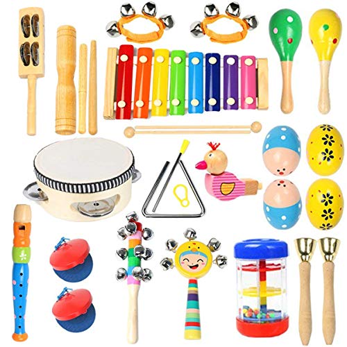 Toddler Musical Instruments Ehome 15 Types 22pcs Wooden Percussion Instruments Toy for Kids Preschool Educational, Musical Toys Set for Boys and Girls with Storage Bag