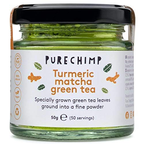 Turmeric Matcha Green Tea Powder 50g (1.75oz) by PureChimp - Ceremonial Grade From Japan - Pesticide-Free - Recyclable Glass + Aluminium Lid (Turmeric)