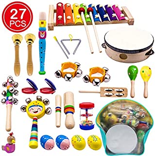 ATDAWN Kids Musical Instruments, 15 Types 22pcs Wood Percussion Xylophone Toys for Boys and Girls Preschool Education with Storage Backpack