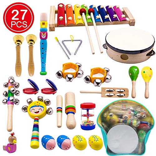 ATDAWN Kids Musical Instruments, 15 Types 22pcs Wood Percussion Xylophone Toys for Boys and Girls Preschool Education with Storage Backpack