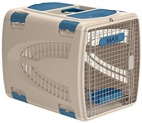 Suncast Deluxe Pet Carrier with Handle - Durable Airline Approved Pet Carrier for Dogs and Cats - Ideal for Air and Car Travel - Taupe and Blue