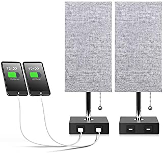 USB Table Lamp, Aooshine Bedside Table Lamps with 2 Useful USB Charging Ports, Solid Wood Nightstand Lamp with Grey Fabric Shade, Ambient Light Perfect for Bedroom, Living Room, Study Room (Pack of 2)