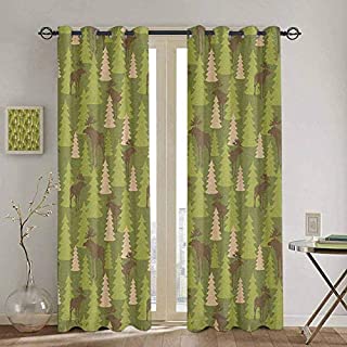 Deer Room Darkened Heat Insulation Curtain Animals in The Forrest Mooses and Pine Trees Pattern Canada Foliage Mammal Design Soundproof Shade W52 x L84 Inch Green Tan Brown