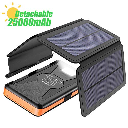 Solar Charger X-DRAGON 25000mAh Portable Power Bank with 4 Solar Panels Waterproof External Backup Battery Pack with Dual USB Outputs & Inputs, LED Flashlight for Smartphones, Tablets and More