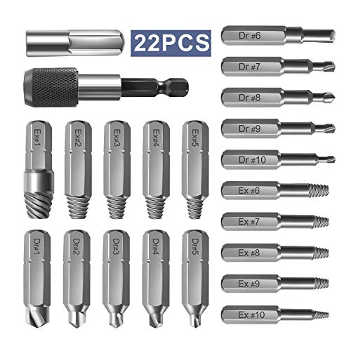 Damaged Screw Extractor and Remove Set 22 PCS with Extension Bit Holder and Socket Adapter for Broken Screw or Bolt Stripped Remover