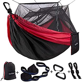 Single & Double Camping Hammock with Mosquito/Bug Net, 10ft Hammock Tree Straps and Carabiners, Easy Assembly, Portable Parachute Nylon Hammock for Camping, Backpacking, Survival, Travel & More