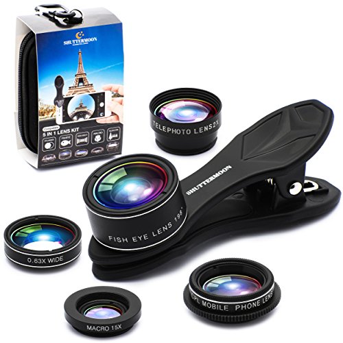 SHUTTERMOON UPGRADED Phone Camera Lens Kit for iPhone 11/Xs/R/X/8/7/6s/Smartphones/Pixel/Samsung/Android Phones Camera. 2xTele Lens Zoom Lens+Fisheye Lens+Super Wide Angle Lens&Macro Lens+CPL (5 in 1)