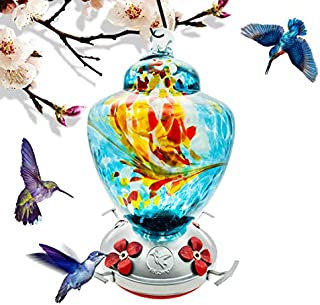 Hummingbird Feeder with Perch - Hand Blown Glass - Blue - 38 Fluid Ounces Hummingbird Nectar Capacity Include Hanging Wires and Moat Hook