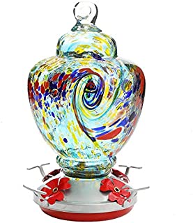 Hummingbird Feeder,Glass Bird Feeder with Color Hand Blown Glass,Leakproof 32 Ounces Nectar Capacity Hummingbird Feeders, Garden Bird Feeders Easy to Clean & Filling,Hanging Hook&Ant Moat